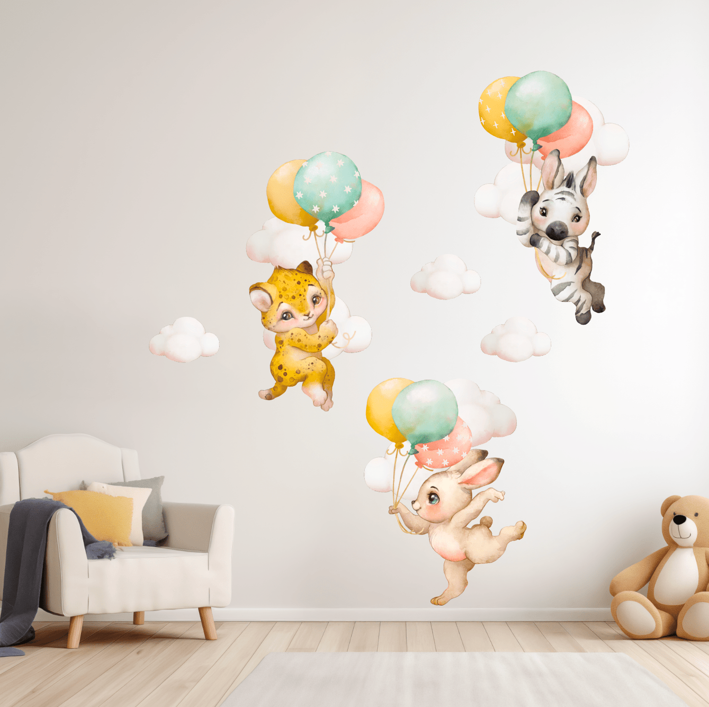 Baby Animals Nursery Wall Decal Stickers | Zebra, Rabbit, Cheetah In the Clouds - Nursery Wall Decals - Lolistix