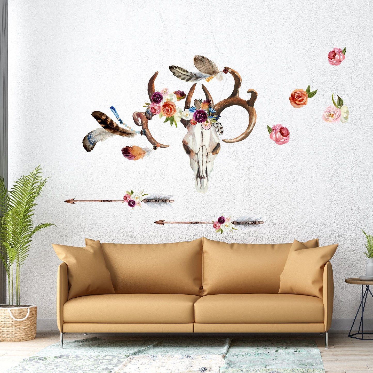 Boho Skull Feathers and Flowers Fabric Wall Decals - Picture Perfect Decals