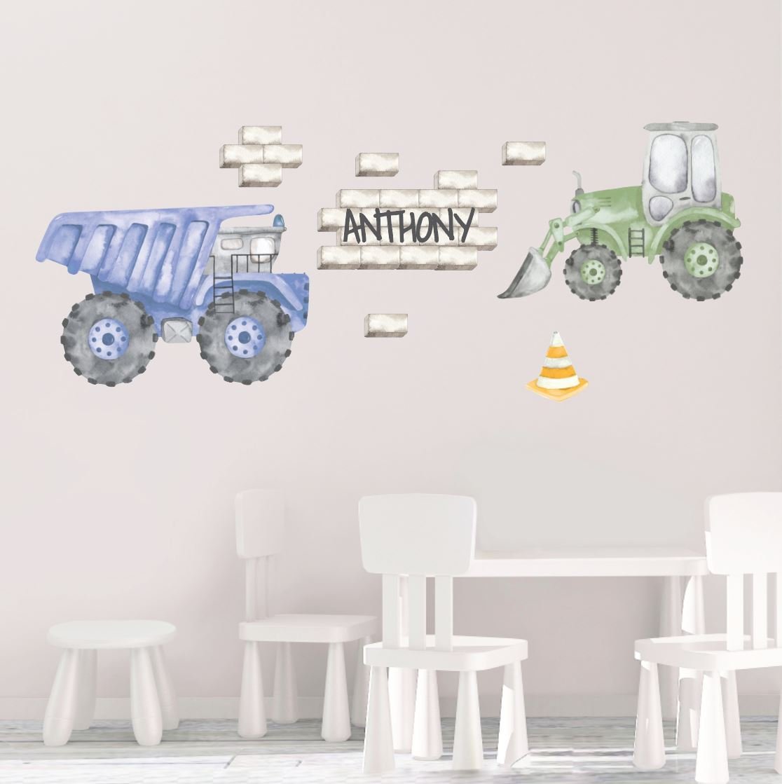 Construction Wall Decals | Bulldozer & Dump Truck | Excavator | Green & Blue - Picture Perfect Decals