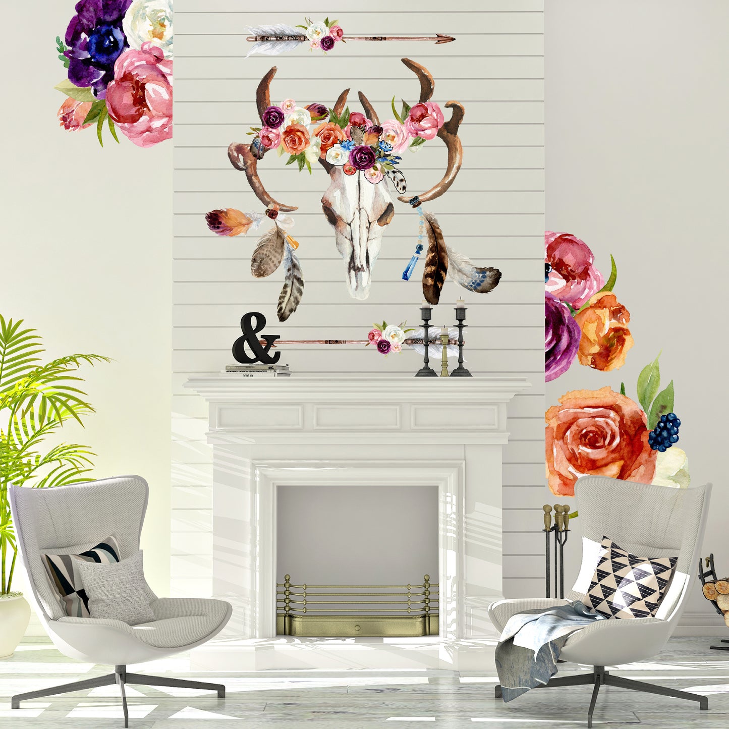 Boho Skull Feathers and Flowers Fabric Wall Decals - Picture Perfect Decals