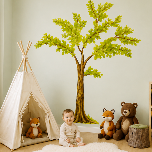 A child's playroom featuring a large wall mural of a green tree, with a baby sitting on a white rug in front. To the left is a cream teepee play tent, and to the right is a wooden bookshelf filled with books, next to a brown teddy bear and a small fox toy.