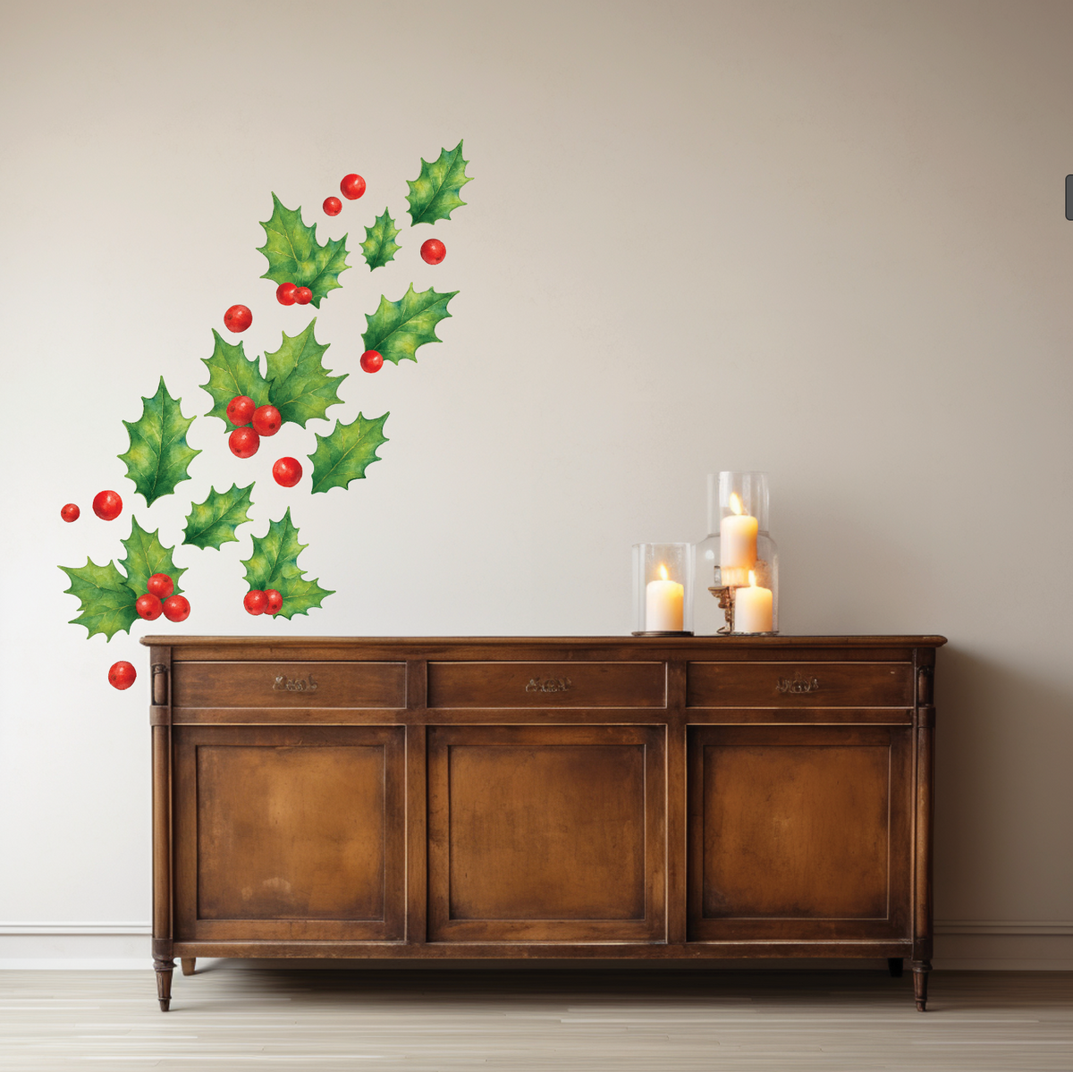 Large holly leaf and berry Christmas wall decals arranged as festive wall decor