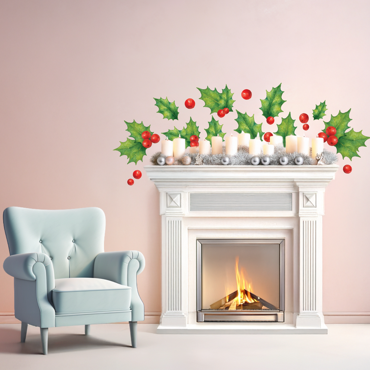 Christmas holly leaves and red berries removable wall decals for holiday decorating