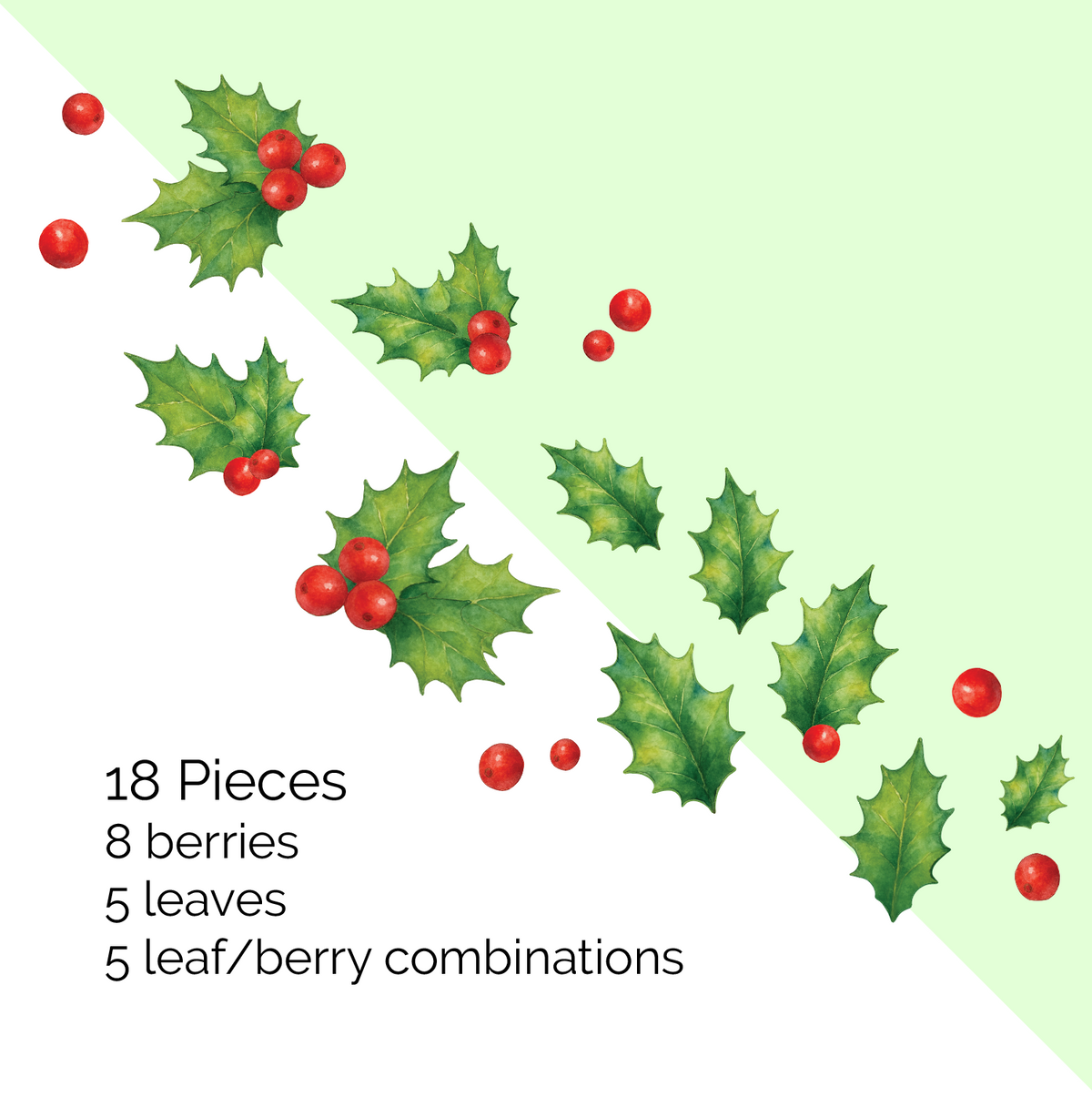 Green holly leaves and red berry wall stickers for removable Christmas wall decor