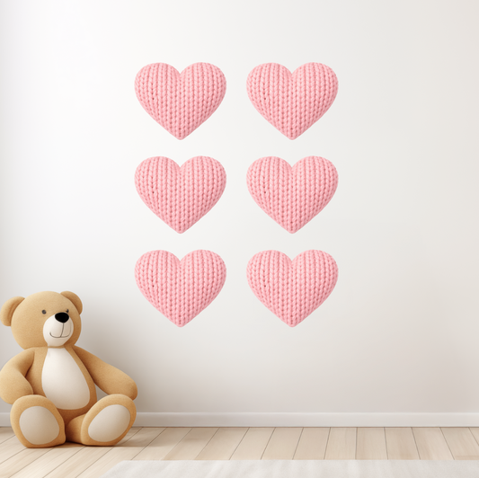 Pink Knit Heart Wall Decals (Set of 6) – Cozy Knitted Heart Wall Stickers