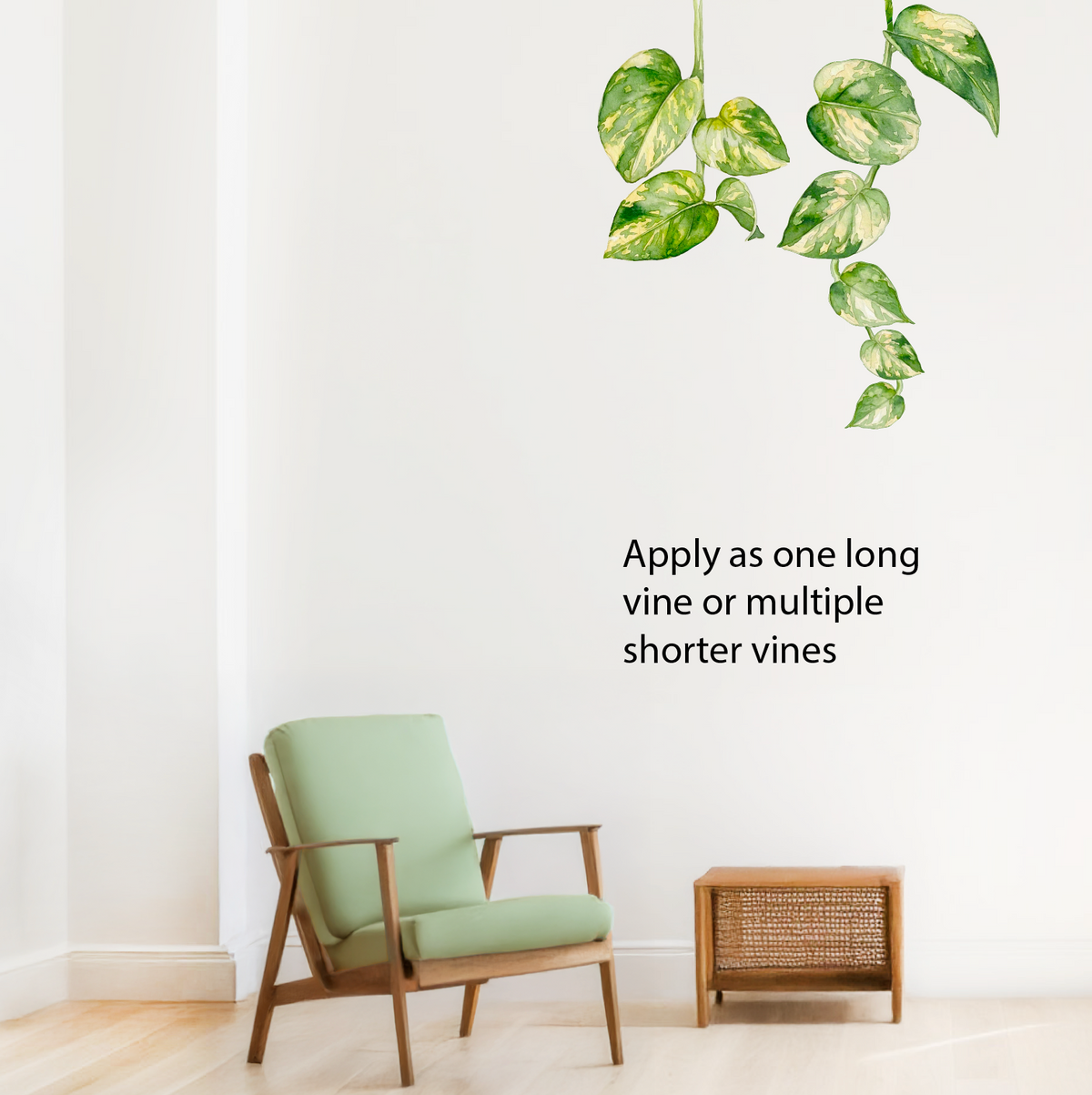 Trailing vine wall decor with watercolor pothos leaves in living room