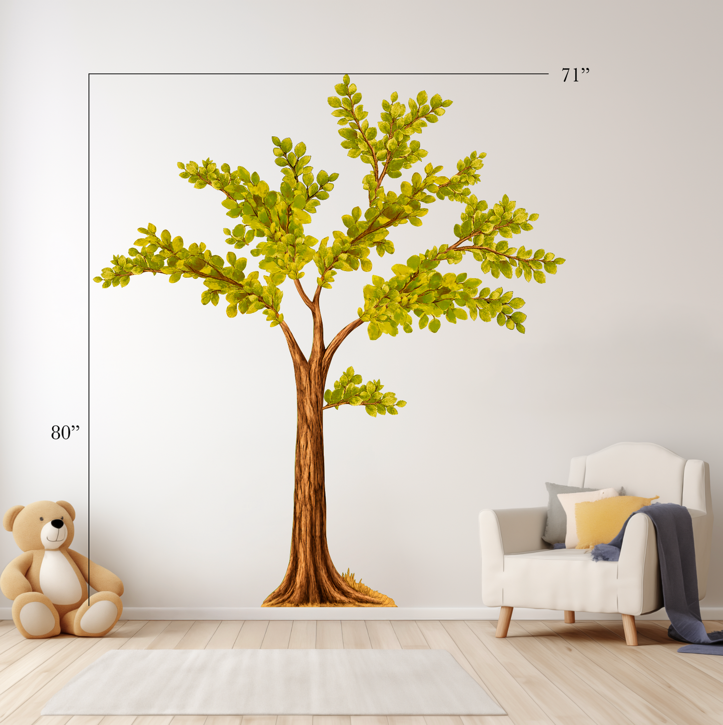 Nursery Tree Wall Decal, Large Leafy Green Tree with Branches Wall Sticker for Baby Room, Gender Neutral Nursery Decor