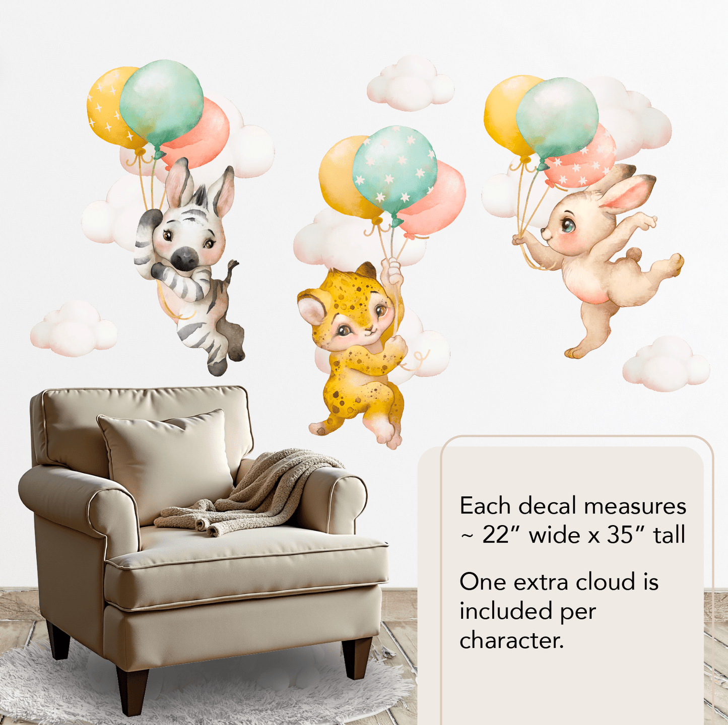 Baby Animals Nursery Wall Decal Stickers | Zebra, Rabbit, Cheetah In the Clouds - Nursery Wall Decals - Lolistix