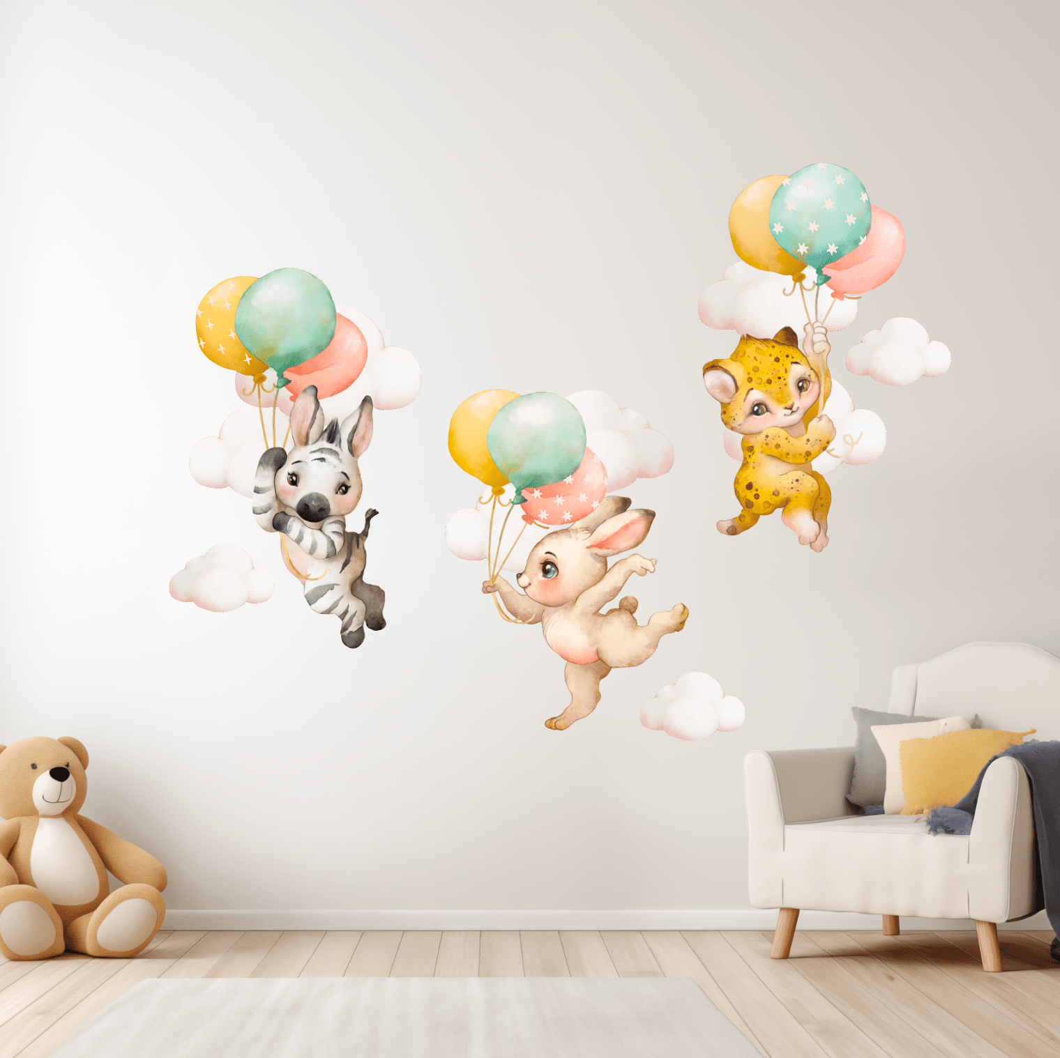 Baby Animals Nursery Wall Decal Stickers | Zebra, Rabbit, Cheetah In the Clouds - Nursery Wall Decals - Lolistix