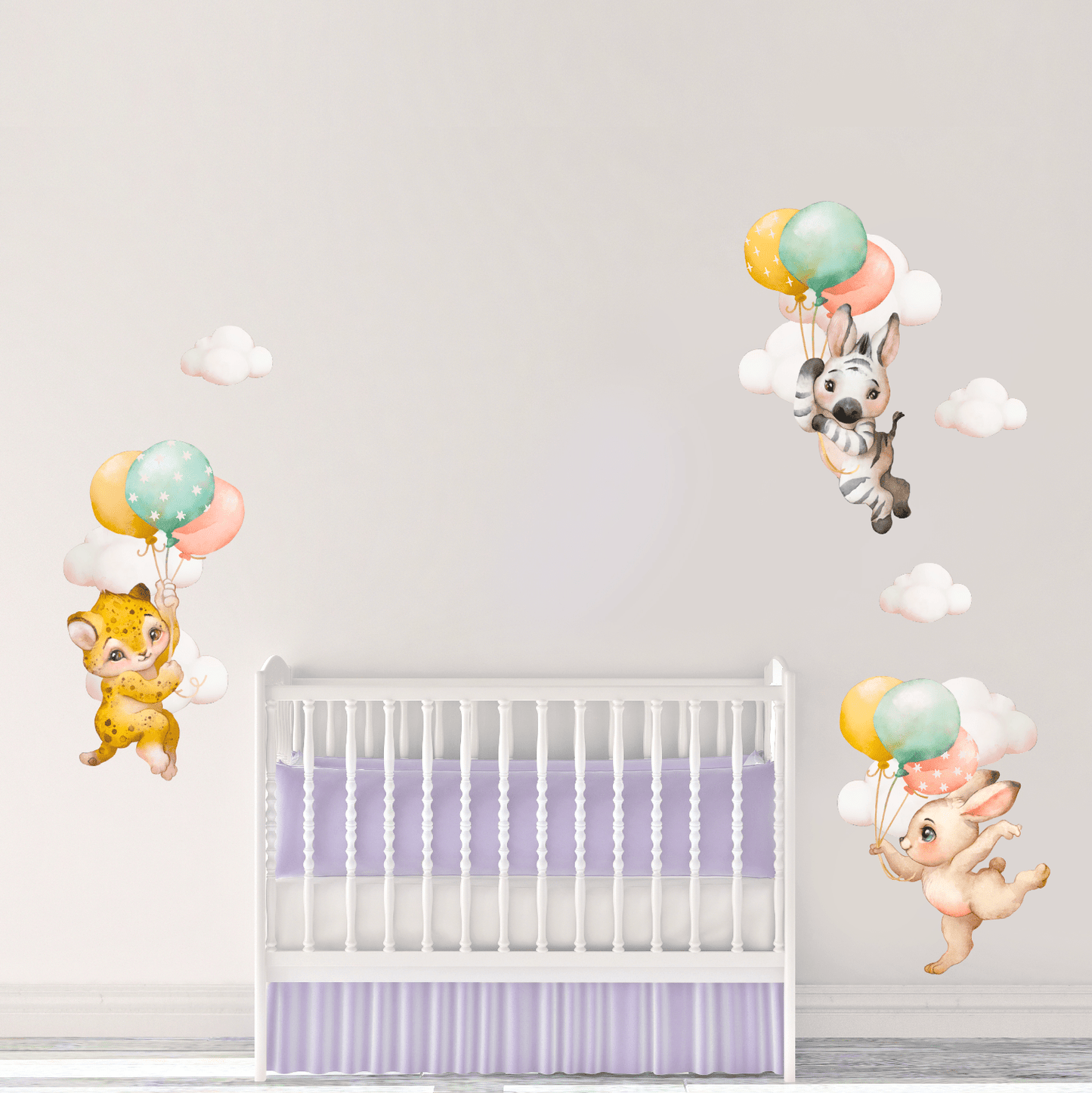 Baby Animals Nursery Wall Decal Stickers | Zebra, Rabbit, Cheetah In the Clouds - Nursery Wall Decals - Lolistix