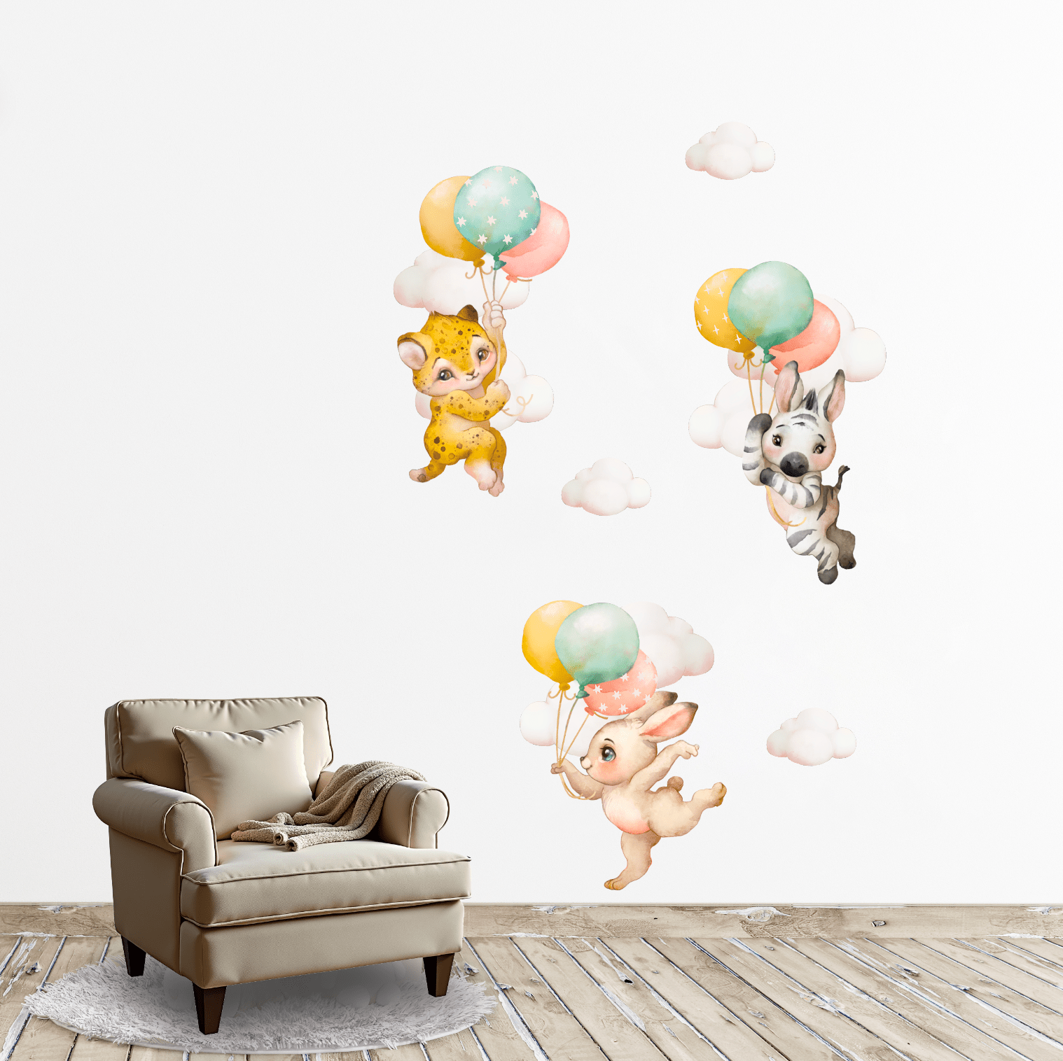 Baby Animals Nursery Wall Decal Stickers | Zebra, Rabbit, Cheetah In the Clouds - Nursery Wall Decals - Lolistix