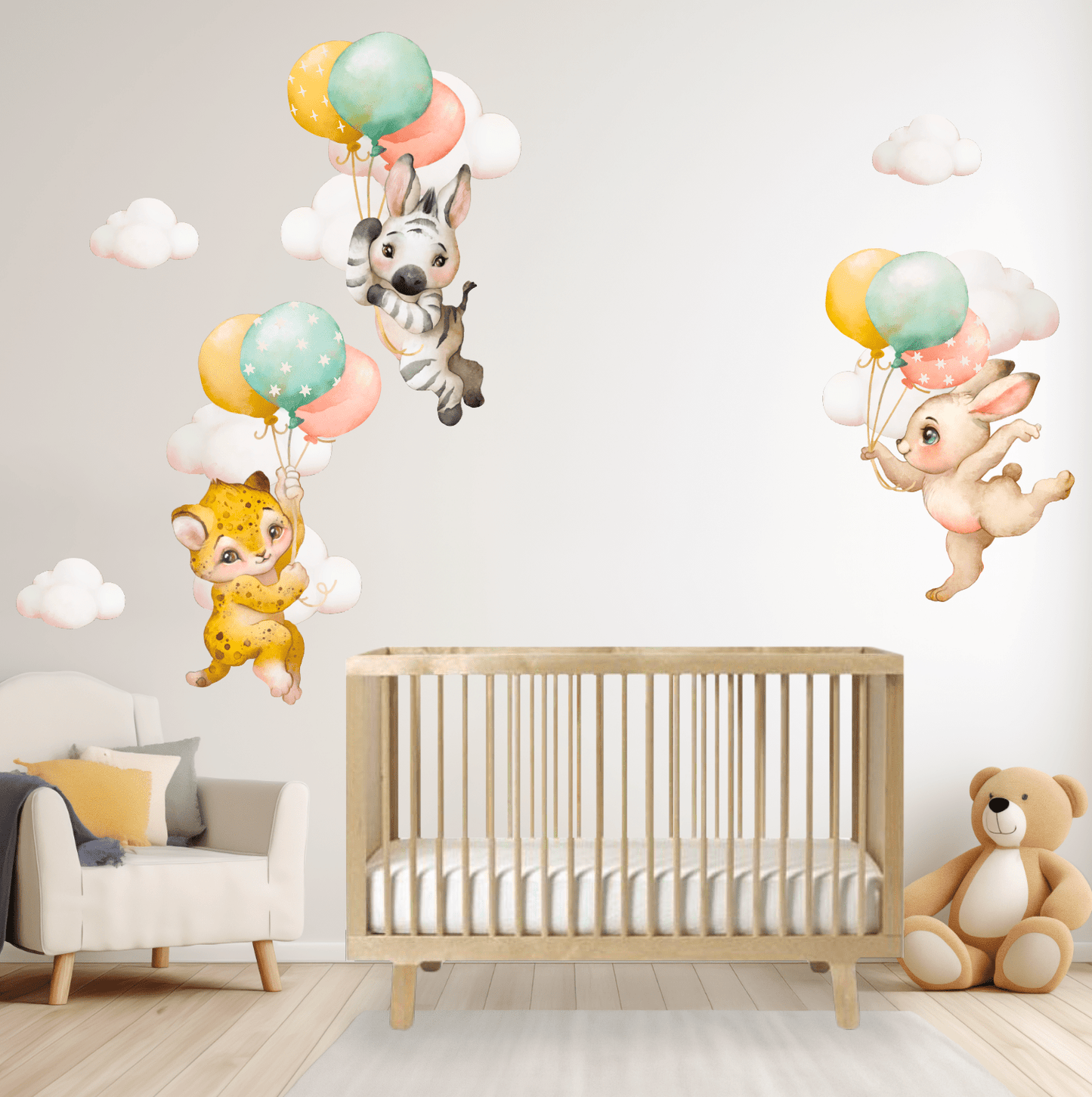 Baby Animals Nursery Wall Decal Stickers | Zebra, Rabbit, Cheetah In the Clouds - Nursery Wall Decals - Lolistix