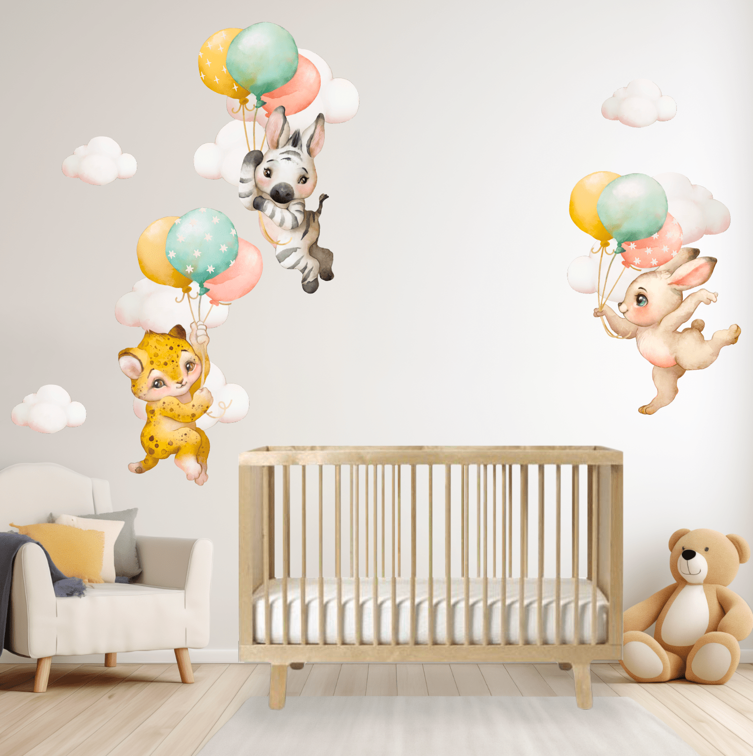 Baby Animals Nursery Wall Decal Stickers | Zebra, Rabbit, Cheetah In the Clouds - Nursery Wall Decals - Lolistix