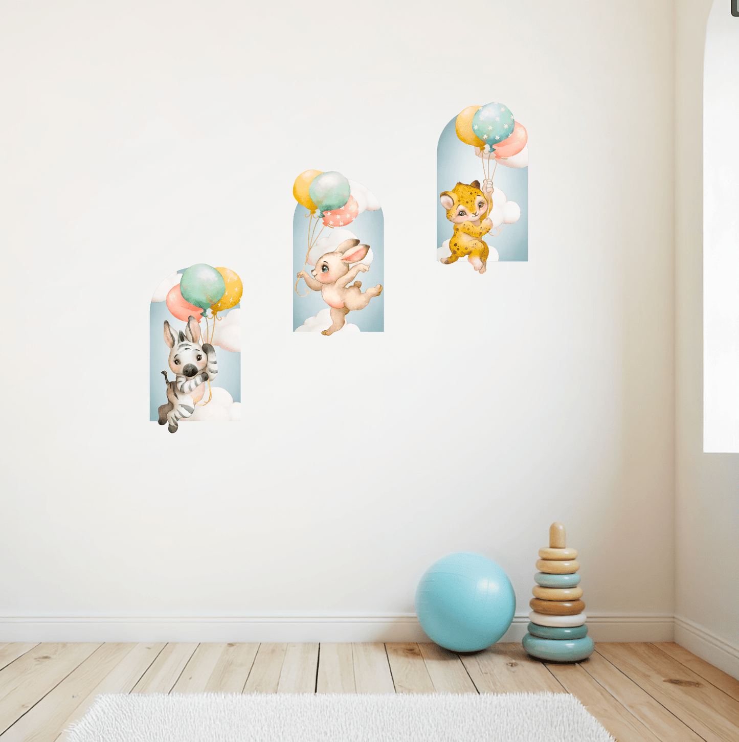 Baby Safari Animals Nursery Wall Decal Stickers | Zebra, Rabbit, Cheetah Holding Balloons - Nursery Wall Decals - Lolistix