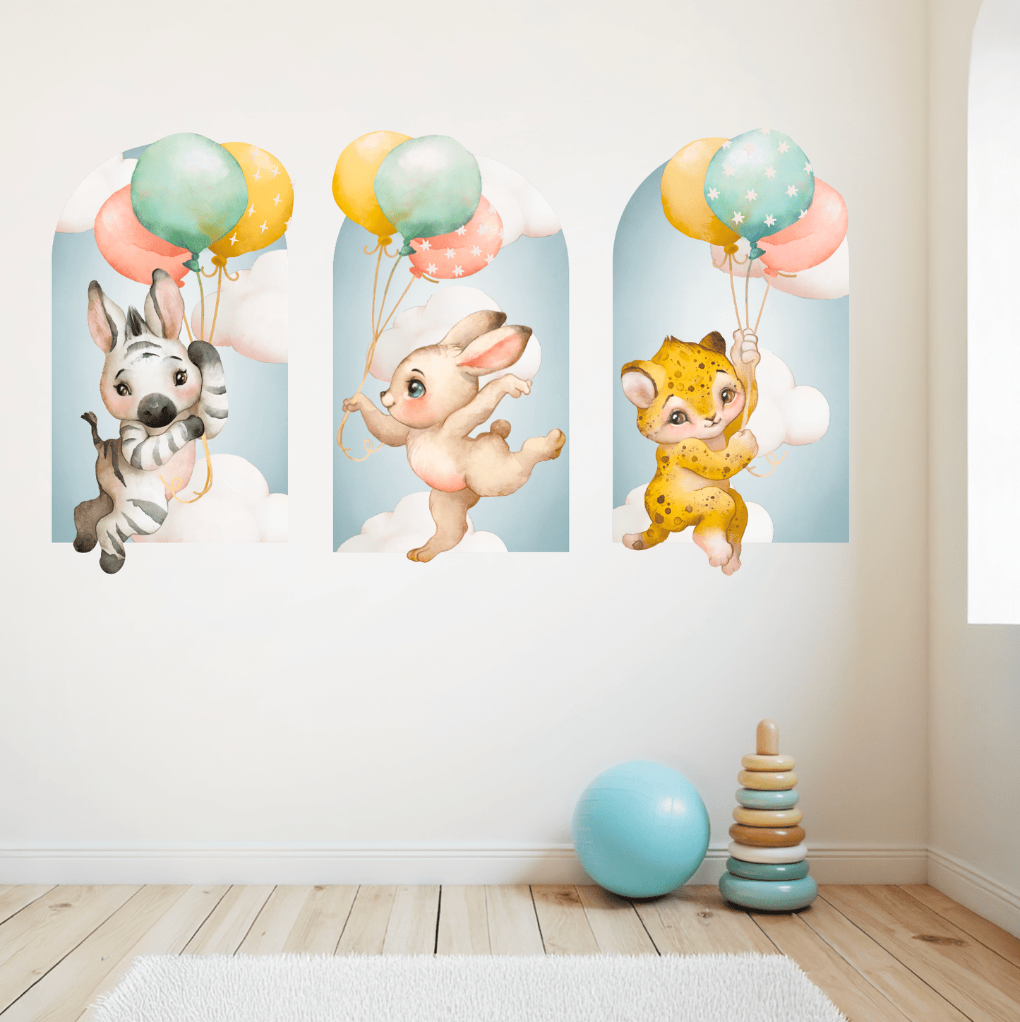 Baby Safari Animals Nursery Wall Decal Stickers | Zebra, Rabbit, Cheetah Holding Balloons - Nursery Wall Decals - Lolistix