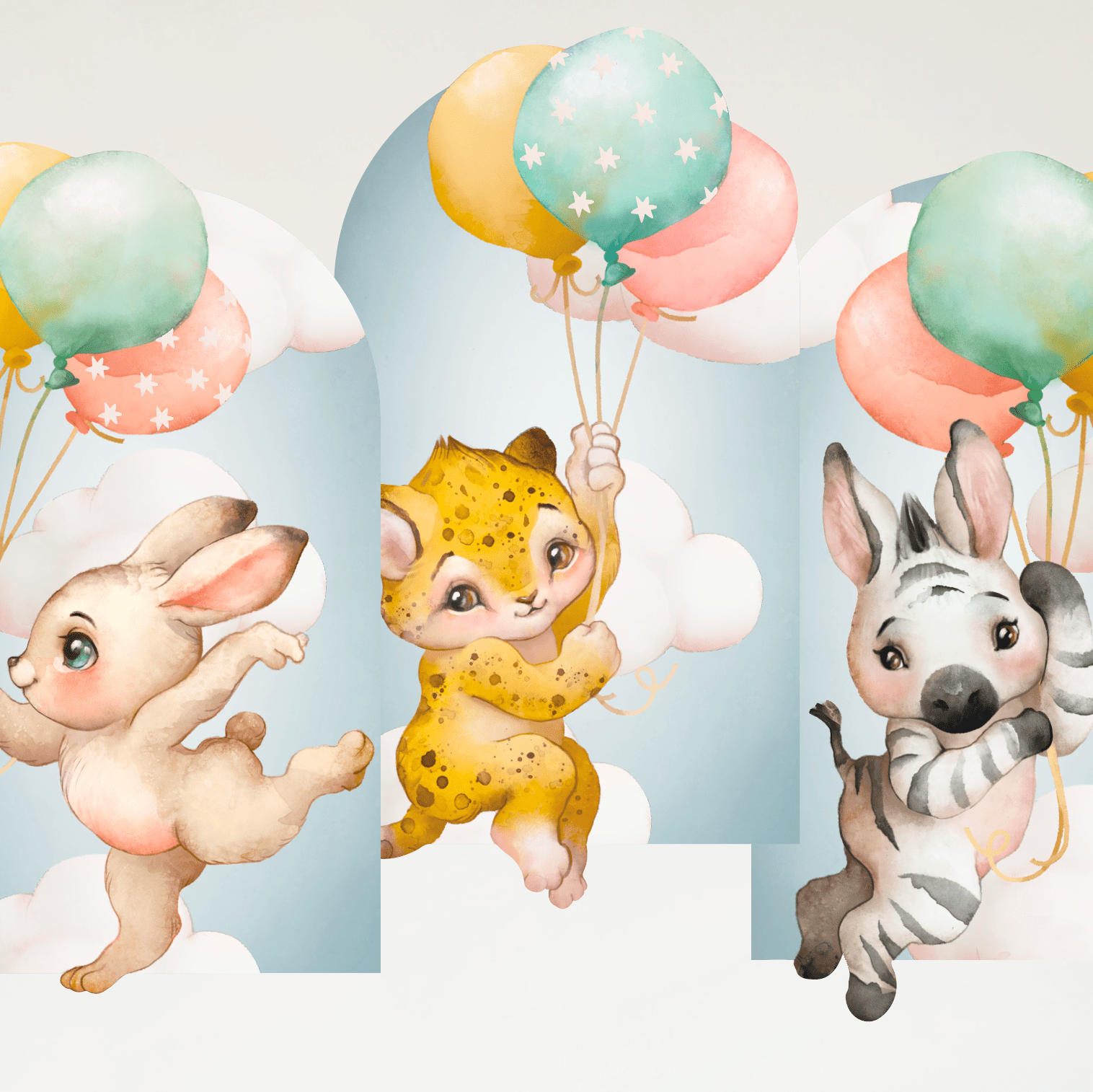 Baby Safari Animals Nursery Wall Decal Stickers | Zebra, Rabbit, Cheetah Holding Balloons - Nursery Wall Decals - Lolistix