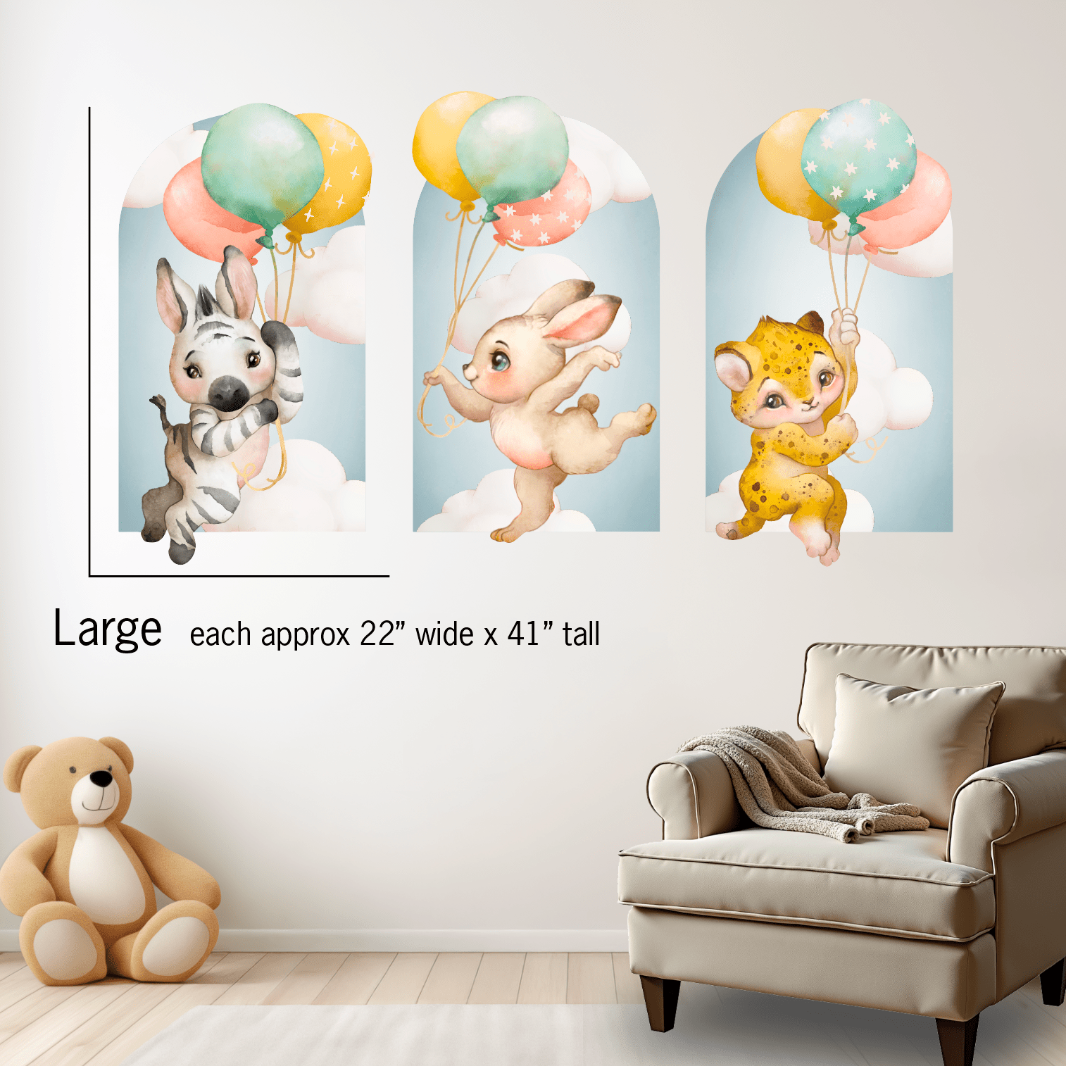 Baby Safari Animals Nursery Wall Decal Stickers | Zebra, Rabbit, Cheetah Holding Balloons - Nursery Wall Decals - Lolistix