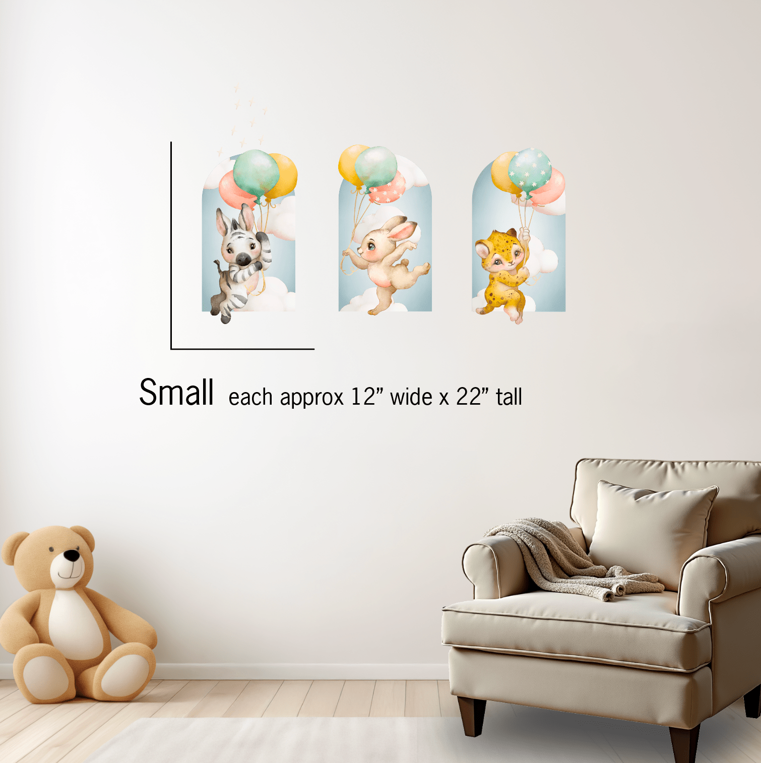 Baby Safari Animals Nursery Wall Decal Stickers | Zebra, Rabbit, Cheetah Holding Balloons - Nursery Wall Decals - Lolistix