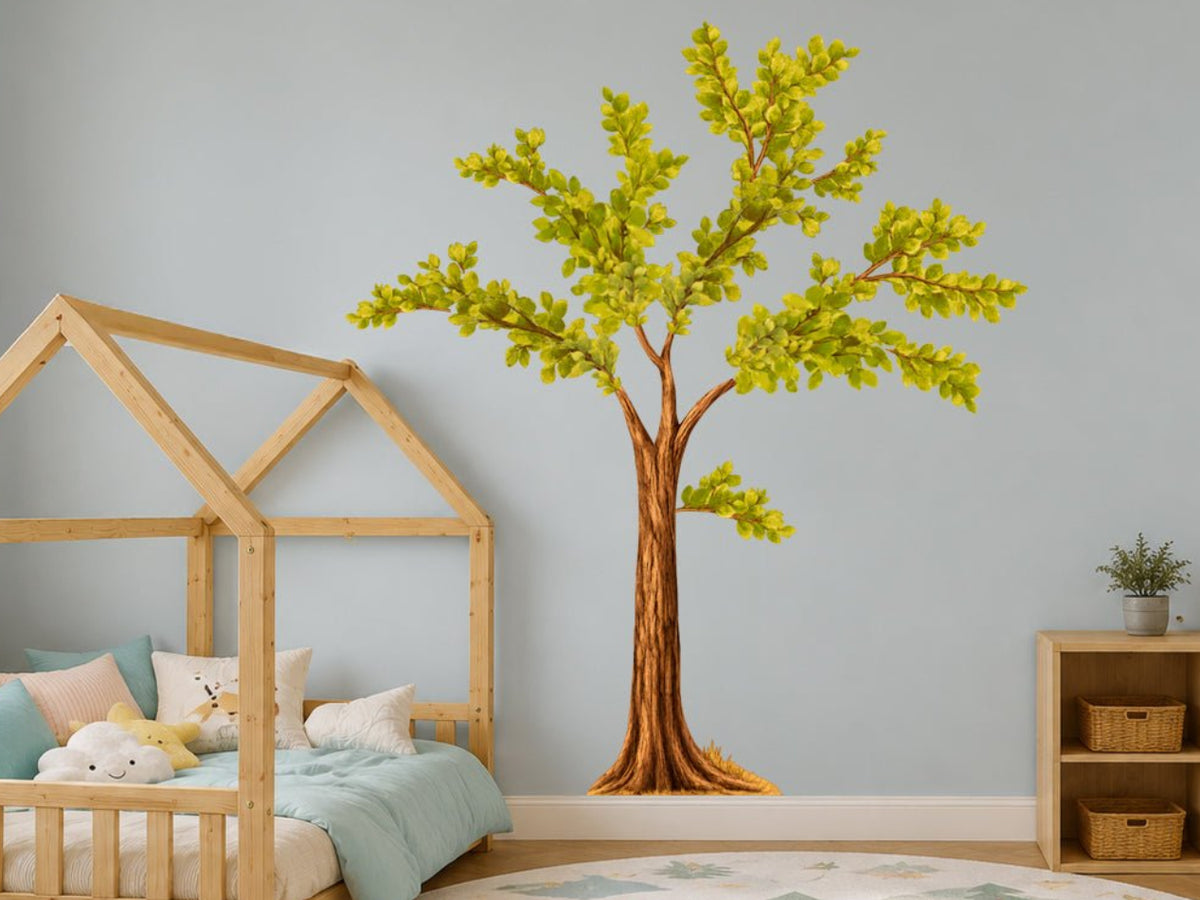 Green fabric tree wall decal with branches and watercolor leaves