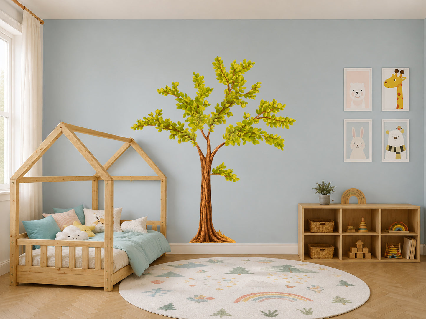Nursery Tree Wall Decal, Large Leafy Green Tree with Branches Wall Sticker for Baby Room, Gender Neutral Nursery Decor