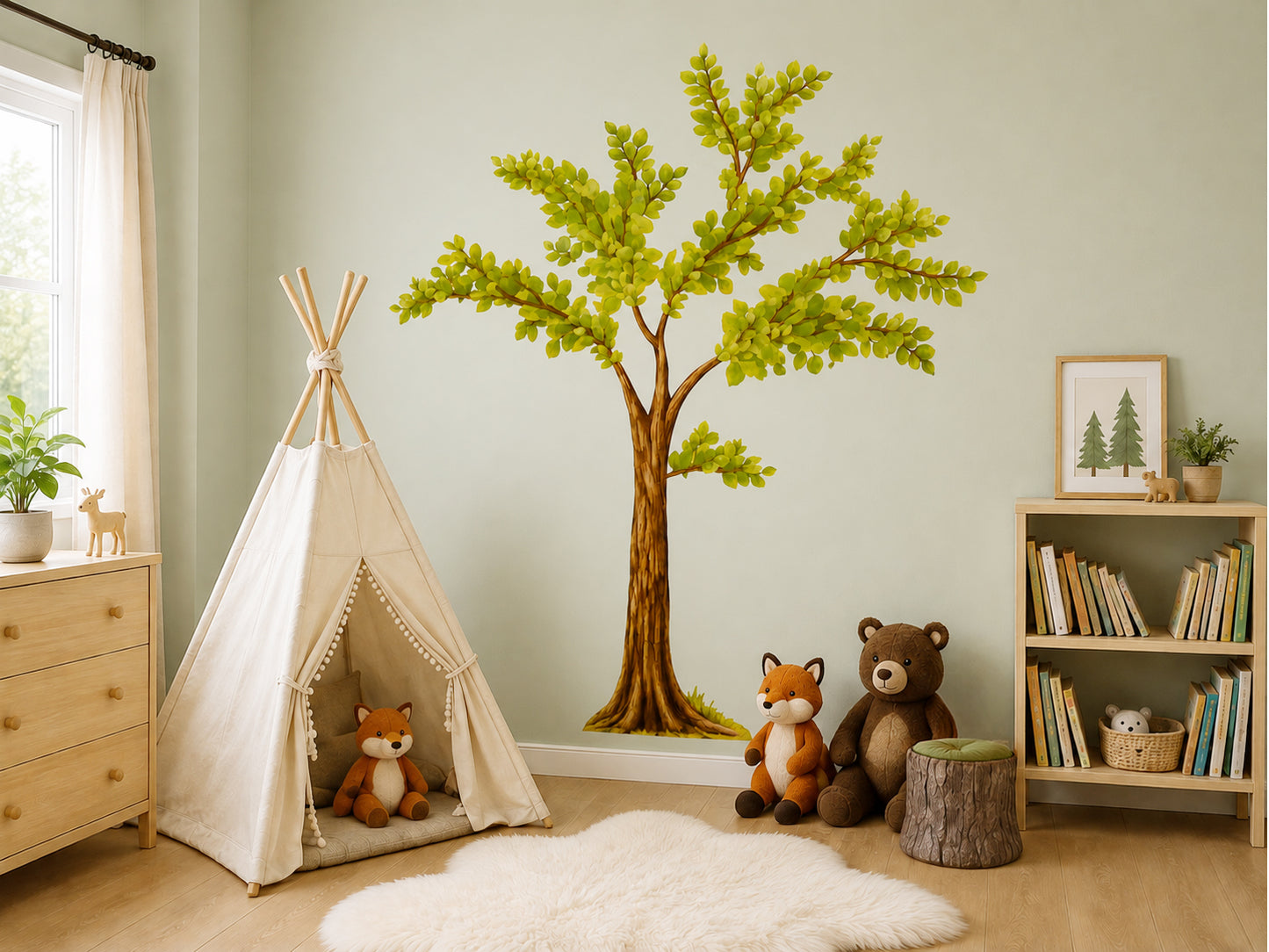 Nursery Tree Wall Decal, Large Leafy Green Tree with Branches Wall Sticker for Baby Room, Gender Neutral Nursery Decor
