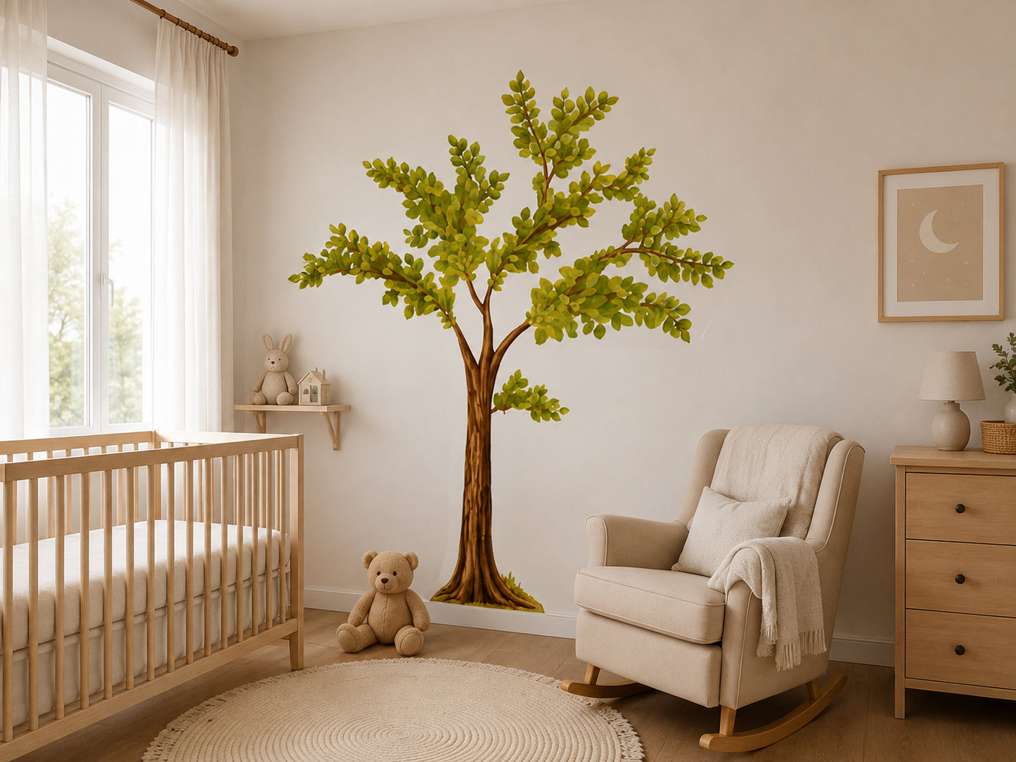 Nursery Tree Wall Decal, Large Leafy Green Tree with Branches Wall Sticker for Baby Room, Gender Neutral Nursery Decor