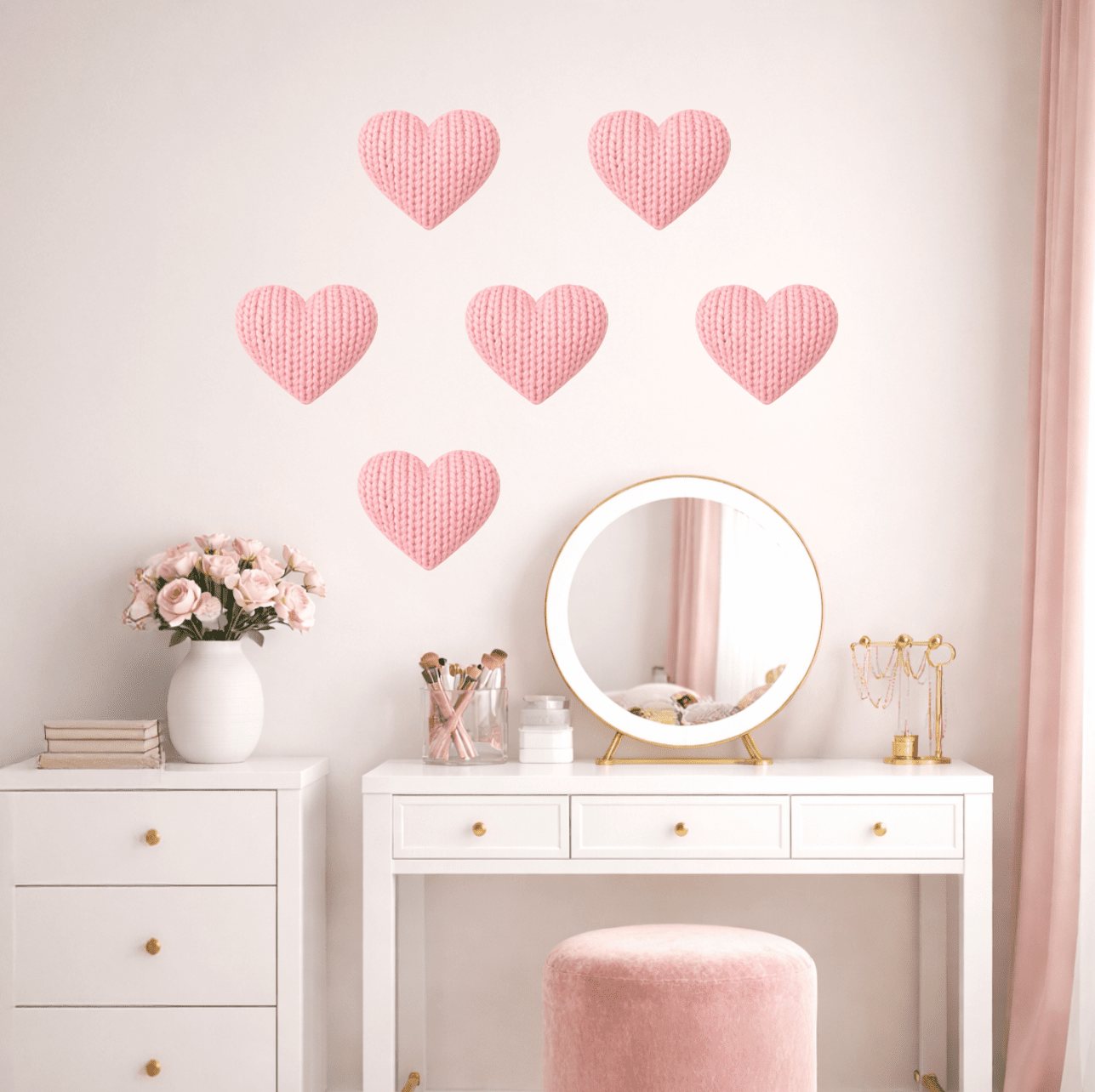 Pink Knit Heart Wall Decals (Set of 6) – Cozy Knitted Heart Wall Stickers - Home Decor Decals - Lolistix