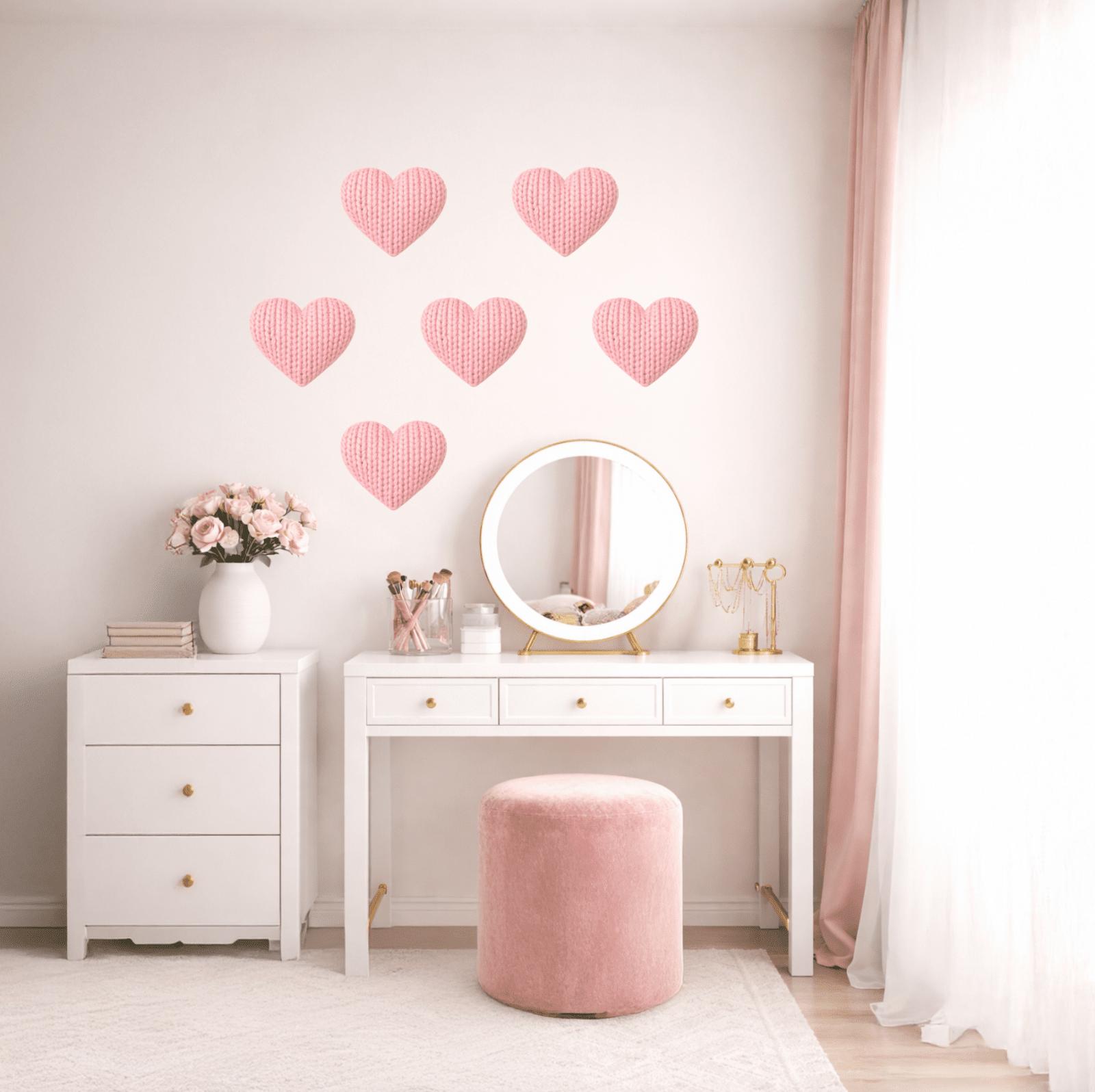 Pink Knit Heart Wall Decals (Set of 6) – Cozy Knitted Heart Wall Stickers - Home Decor Decals - Lolistix