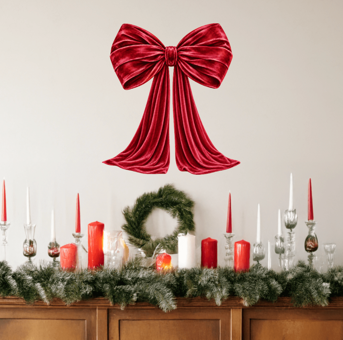 Red Velvet Christmas Bow Wall Decal – Large Removable Holiday Decor - Holiday Wall Decals - Lollistix Wall Decals