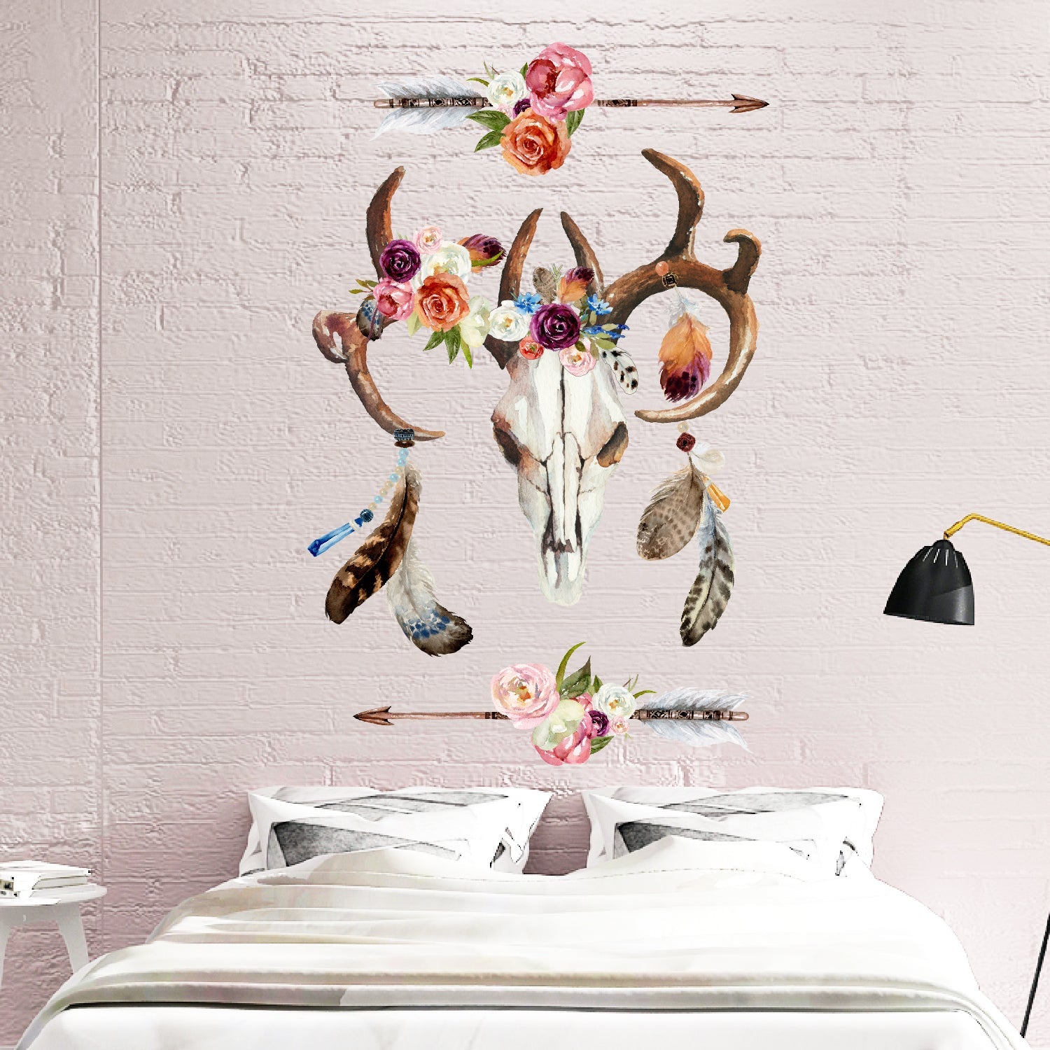 Boho Skull Feathers and Flowers Fabric Wall Decals - Picture Perfect Decals