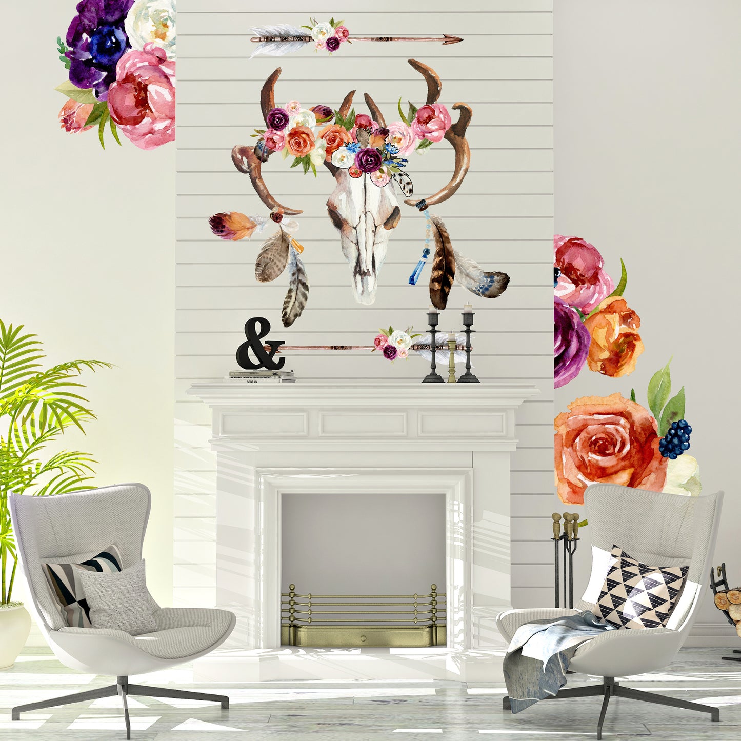 Boho Skull Feathers and Flowers Fabric Wall Decals - Picture Perfect Decals